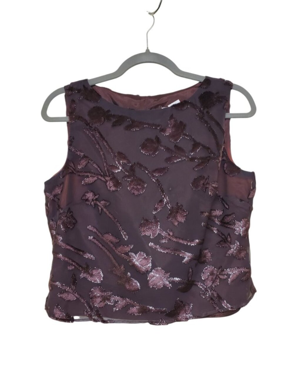 Real Comfort Vintage 90s Y2K Deep Burgundy Sleeveless Flocked Vine Shell Top 6P